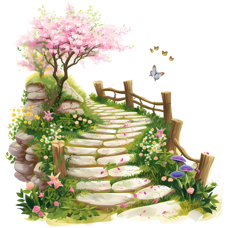 Stone Path with Blossoming Tree
