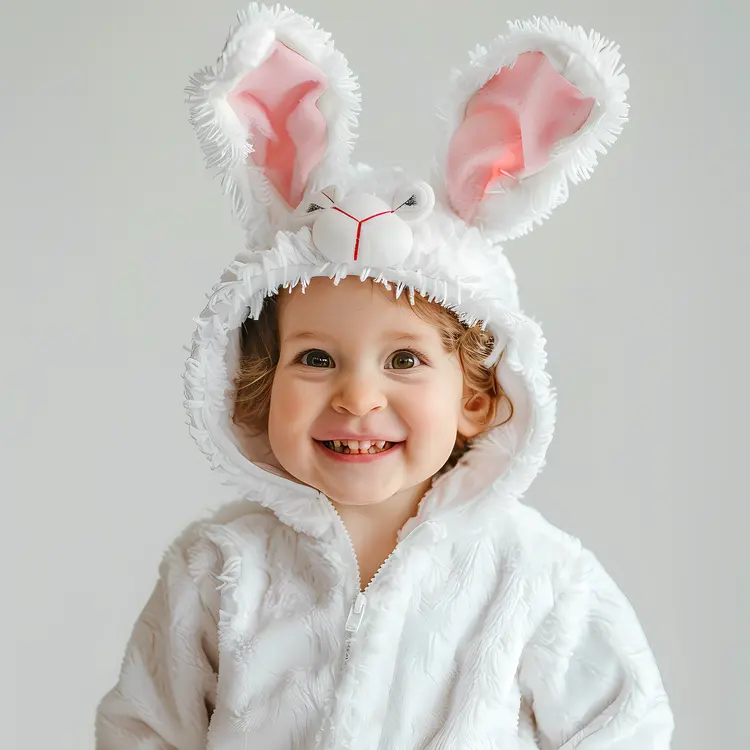Smiling Child in White Bunny Costume