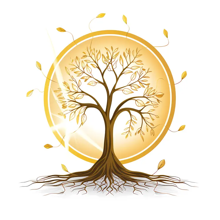 Golden Tree with Roots and Sun