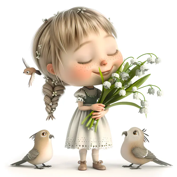 Girl Holding Lily of the Valley with Birds
