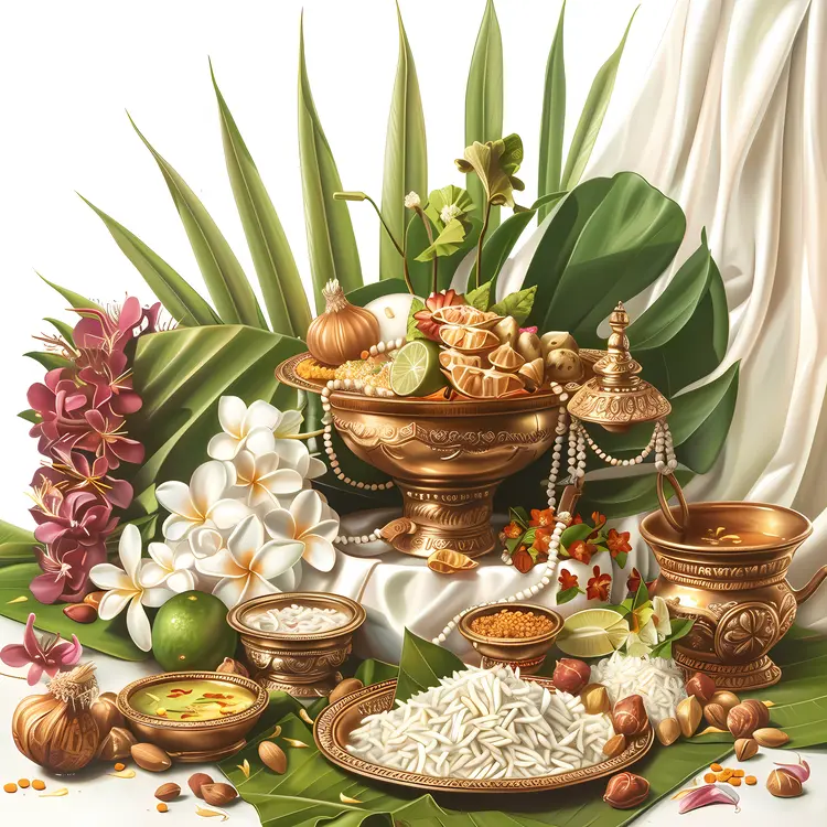 Traditional Indian Offering with Flowers and Rice
