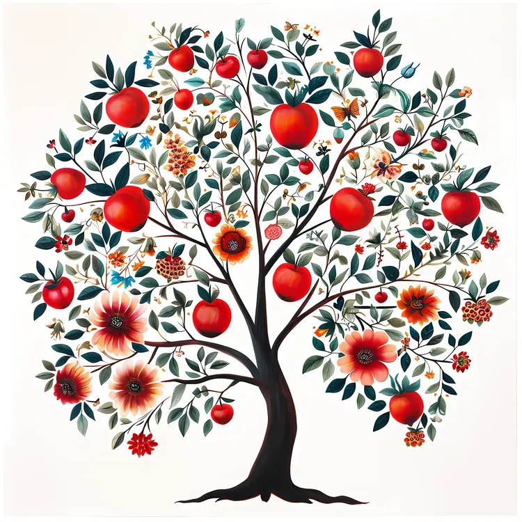 Tree with Red Fruits and Flowers
