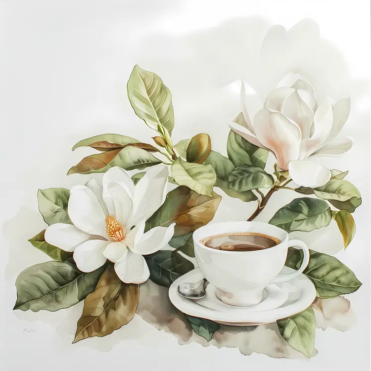Magnolia Flowers with Coffee Cup