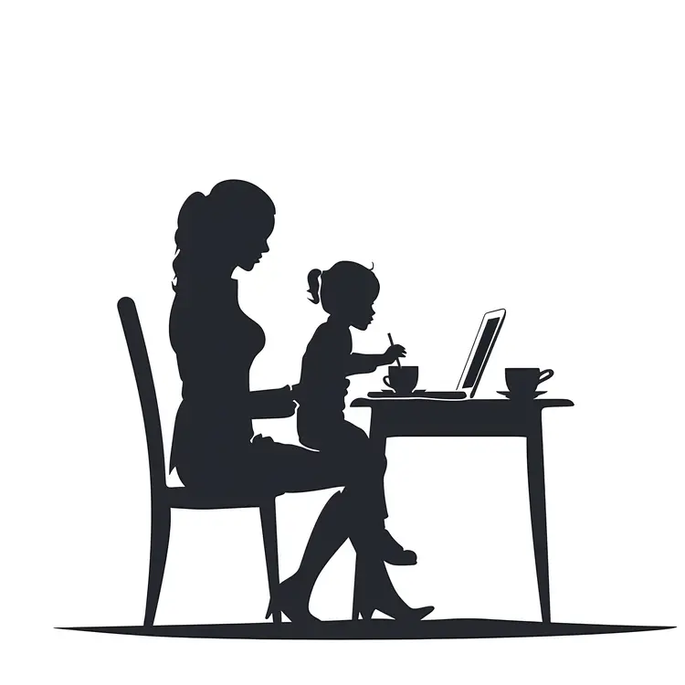 Silhouette of Woman and Child at Desk