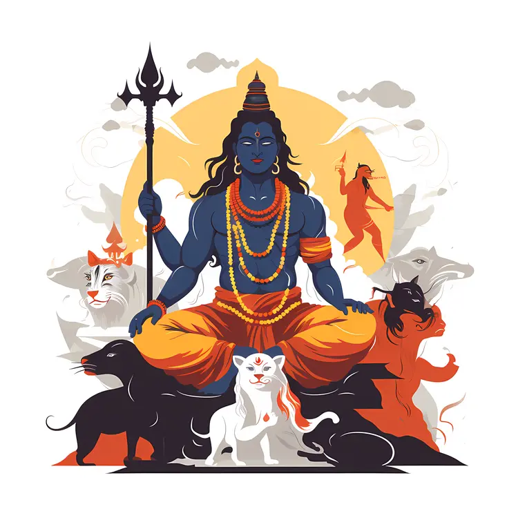 Shiva Illustration with Trident and Cats
