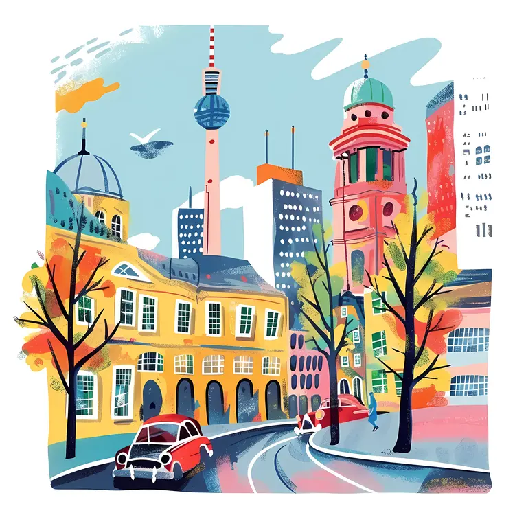 Colorful Cityscape with Cars