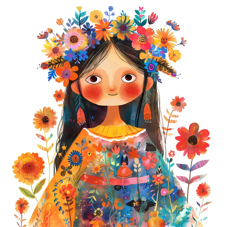 Girl with Flowers Cartoon Illustration