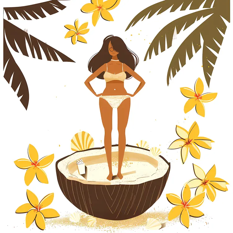Woman in Coconut with Palm Trees and Flowers