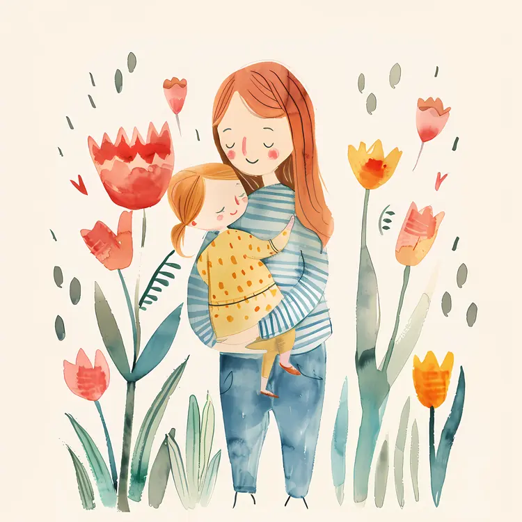Cartoon Illustration of Mother and Child