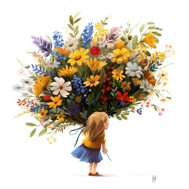 Little Girl with a Massive Bouquet of Flowers
