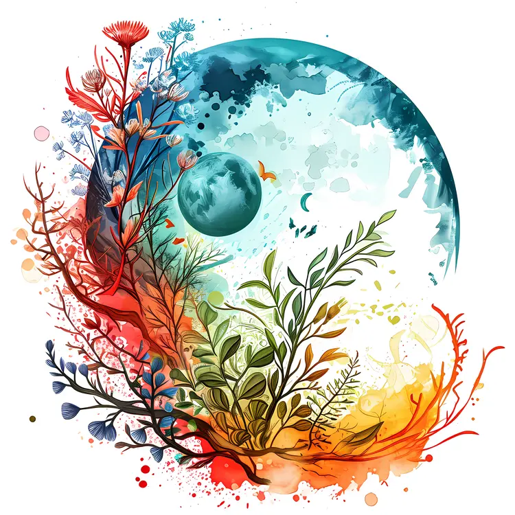 Abstract Nature Art with Moon and Plants