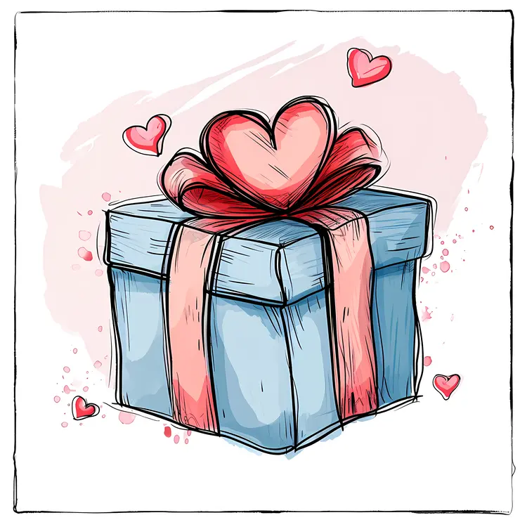 Blue Gift Box with Heart and Ribbon