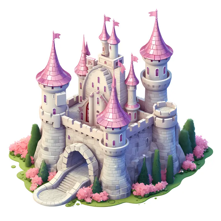 Castle with Pink Roofs and Flags
