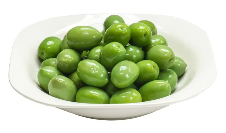 Fresh Green Olives in a White Bowl