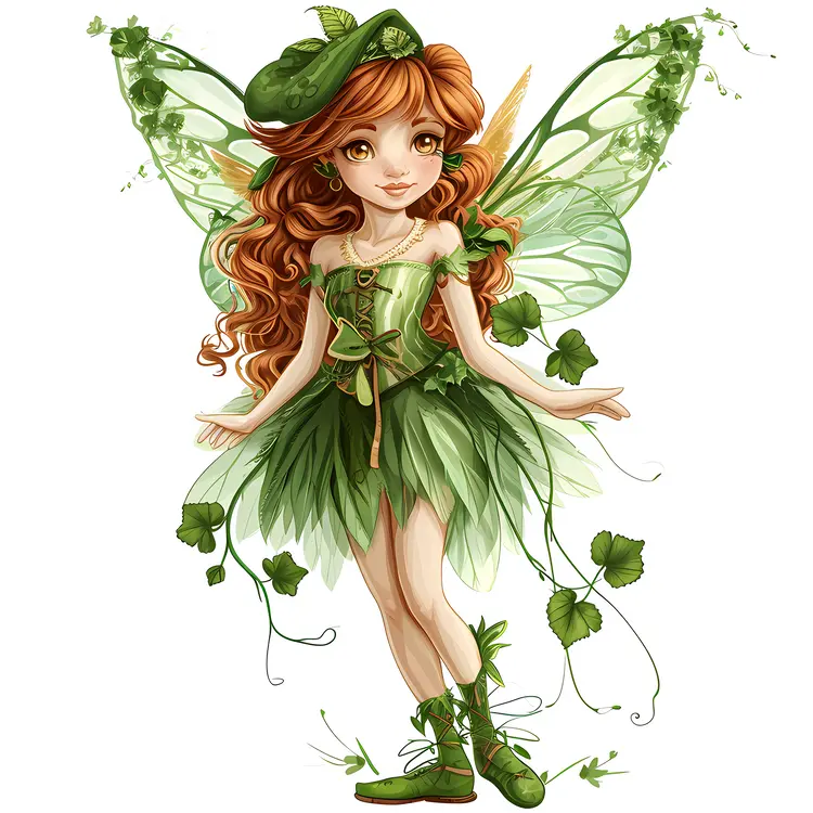 Charming Green Fairy with Clover and Wings