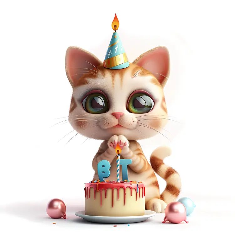 Cute Cartoon Cat with Birthday Cake and Hat
