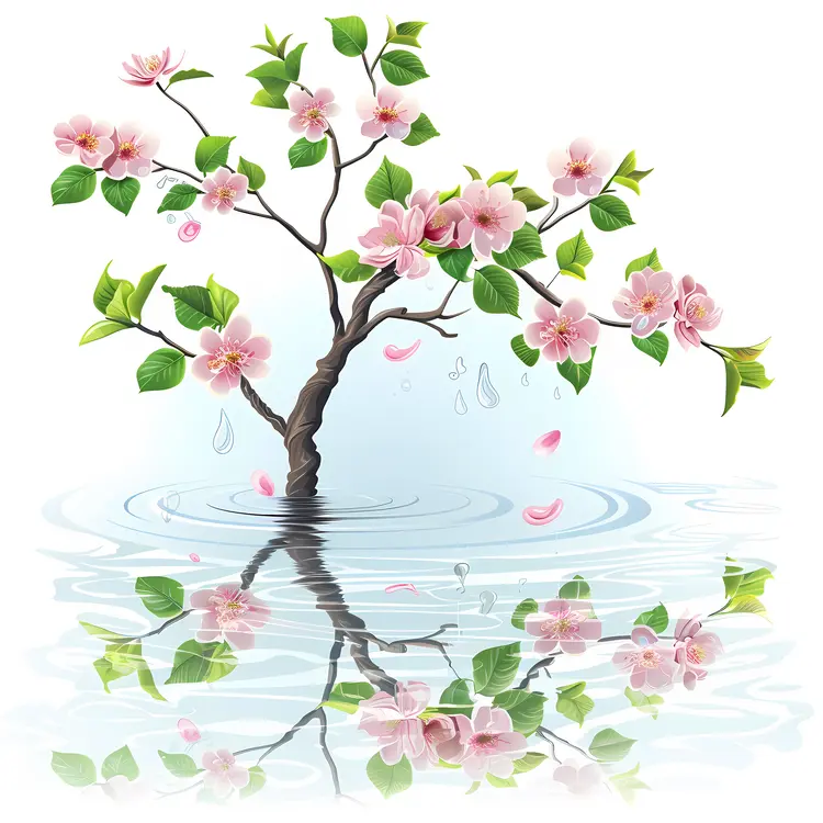 Blossoming Tree with Flowers and Water Reflection
