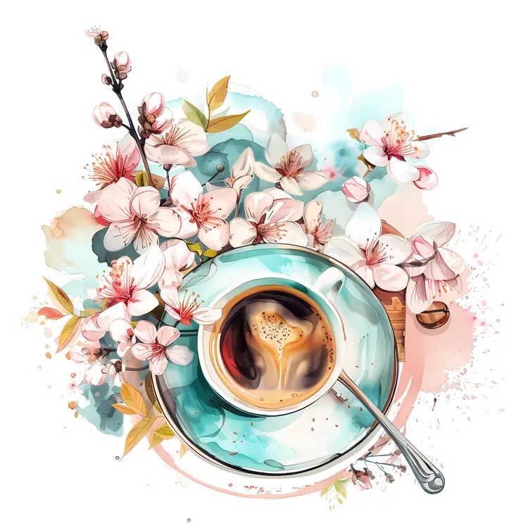 Coffee cup with flowers and spoon