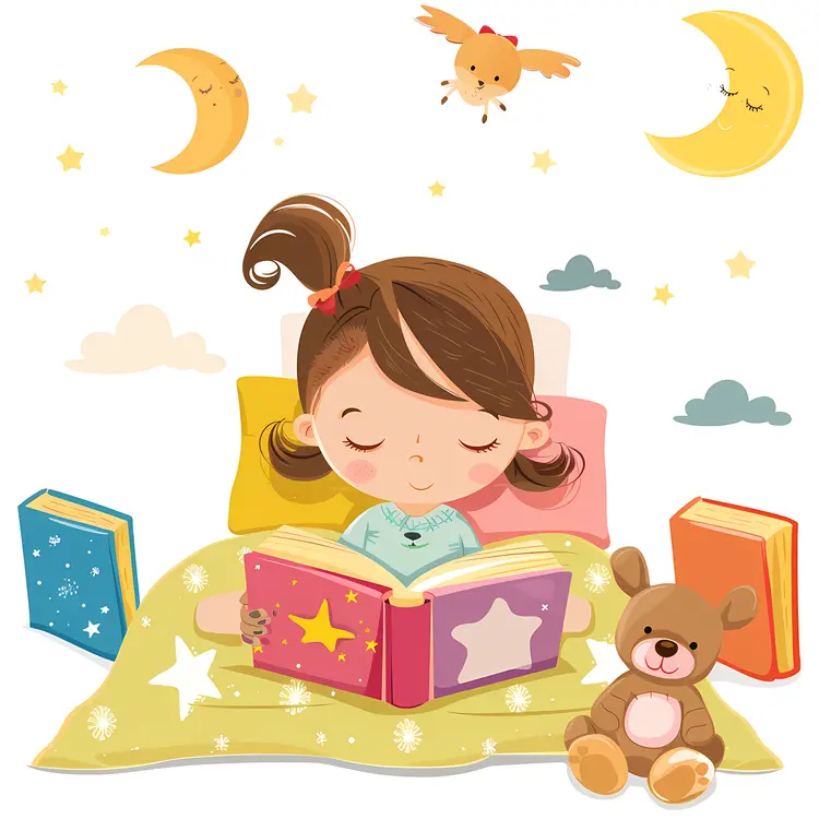 Girl Reading a Book in Bed with Teddy Bear