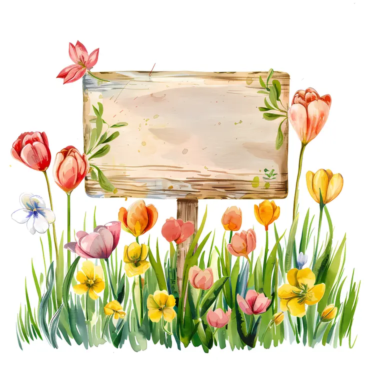 Wooden Sign with Colorful Tulips