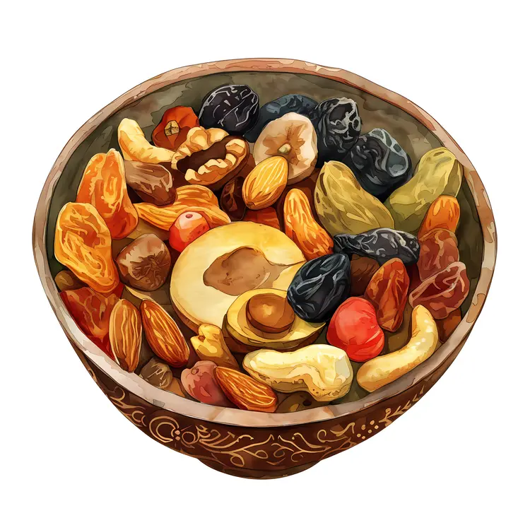 Assorted Nuts and Dried Fruits in Decorative Bowl