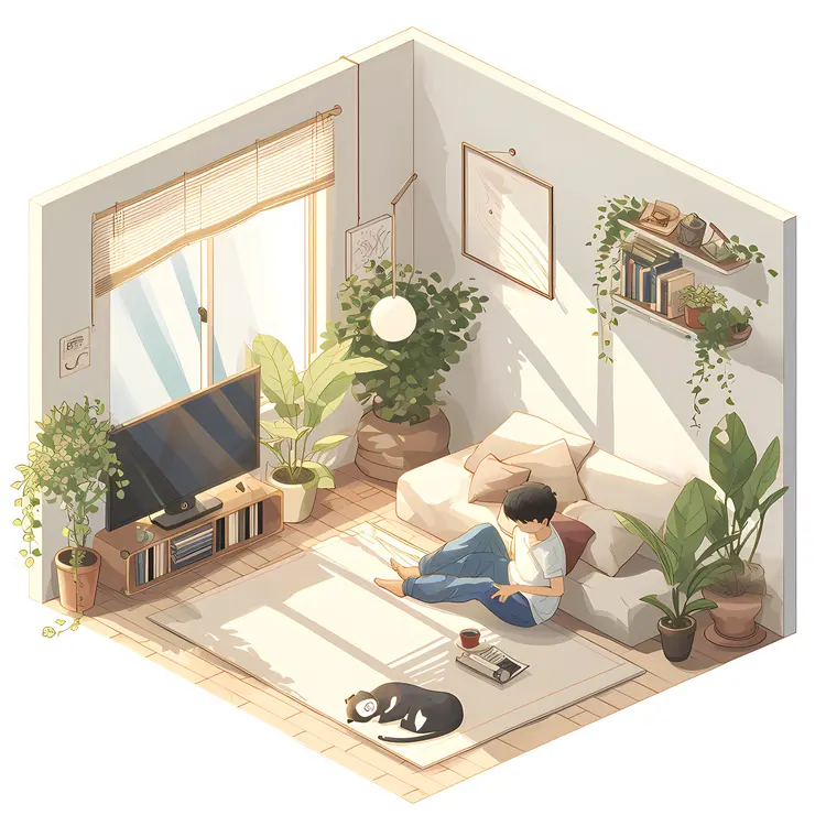 Man Reading on Sofa with Plants