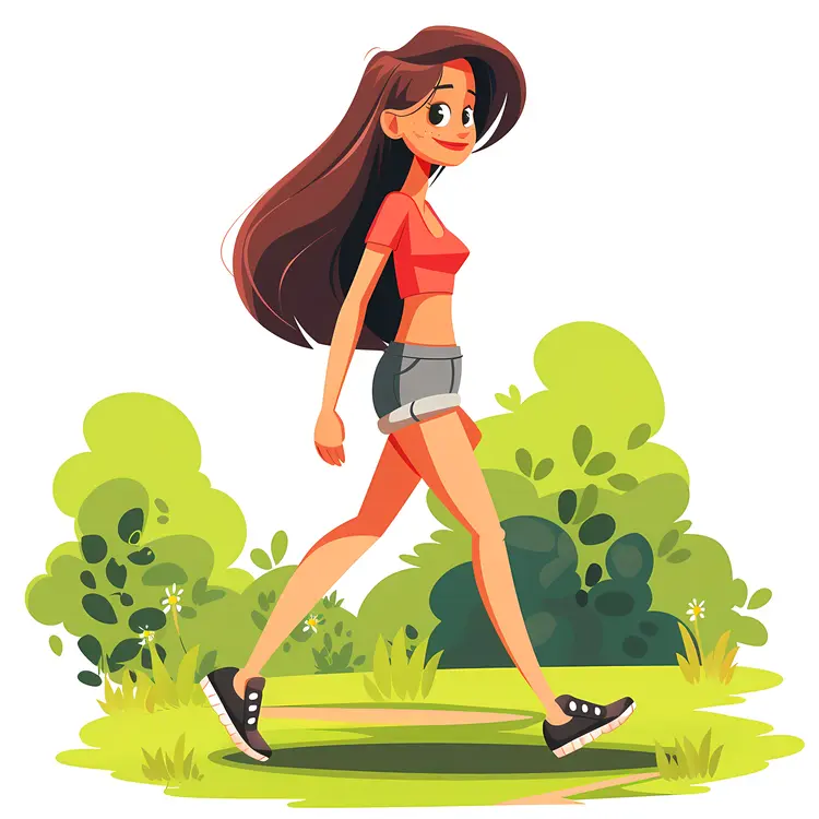Woman Walking in Red Top and Shorts