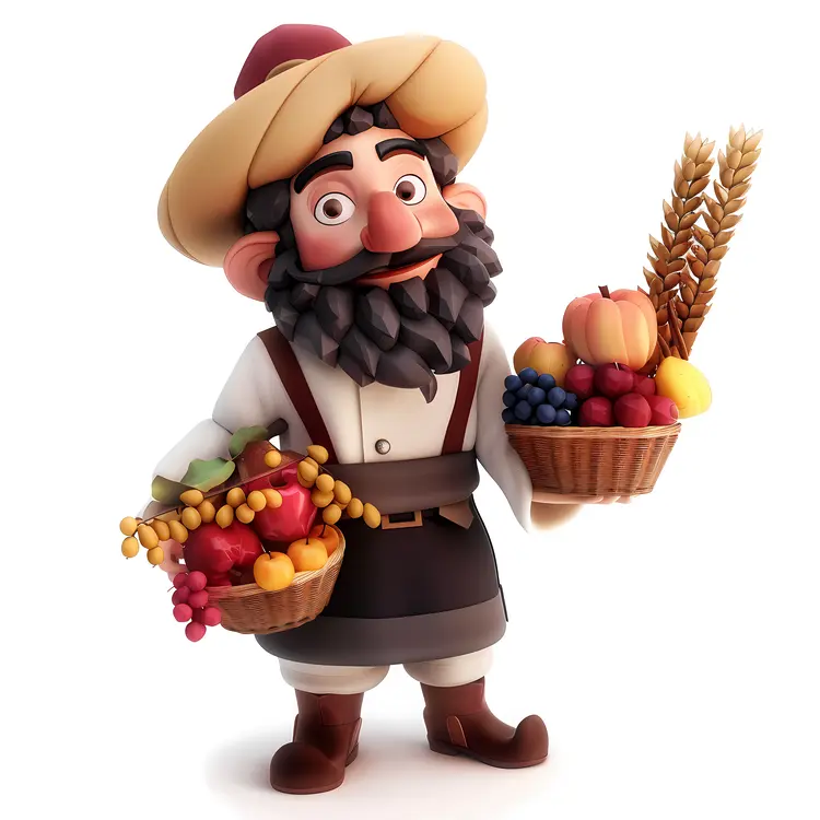 Cartoon Farmer Holding Baskets of Fruits