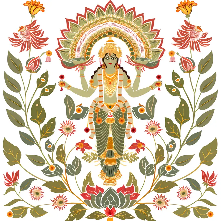 Hindu Goddess with Floral and Bird Motifs