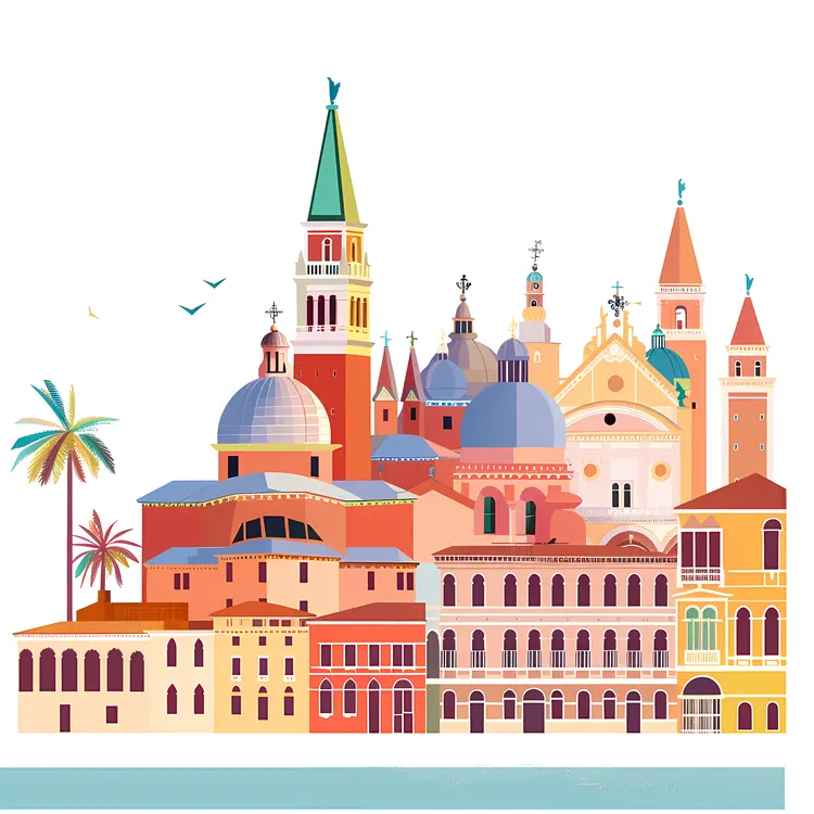 Colorful Buildings and Domes with Palm Trees in Venice