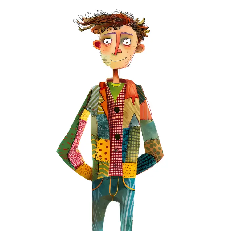 Whimsical Cartoon Man in Colorful Patchwork Jacket