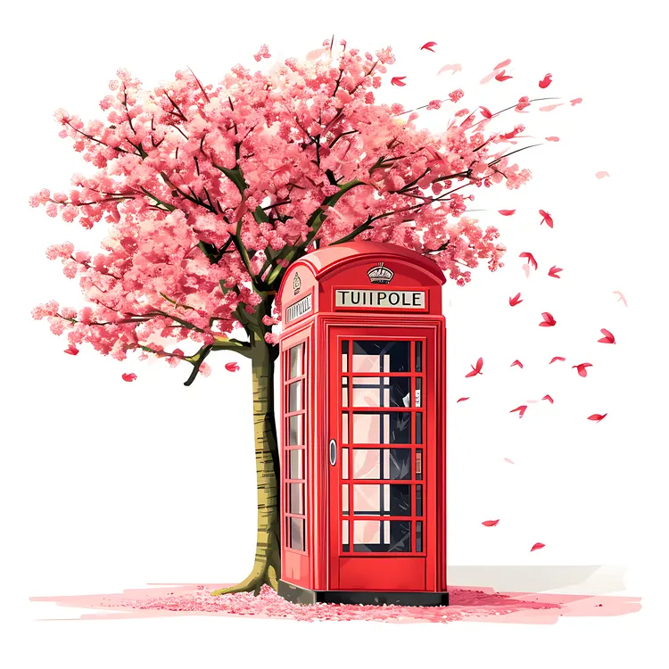 Red Phone Booth with Blossoming Tree