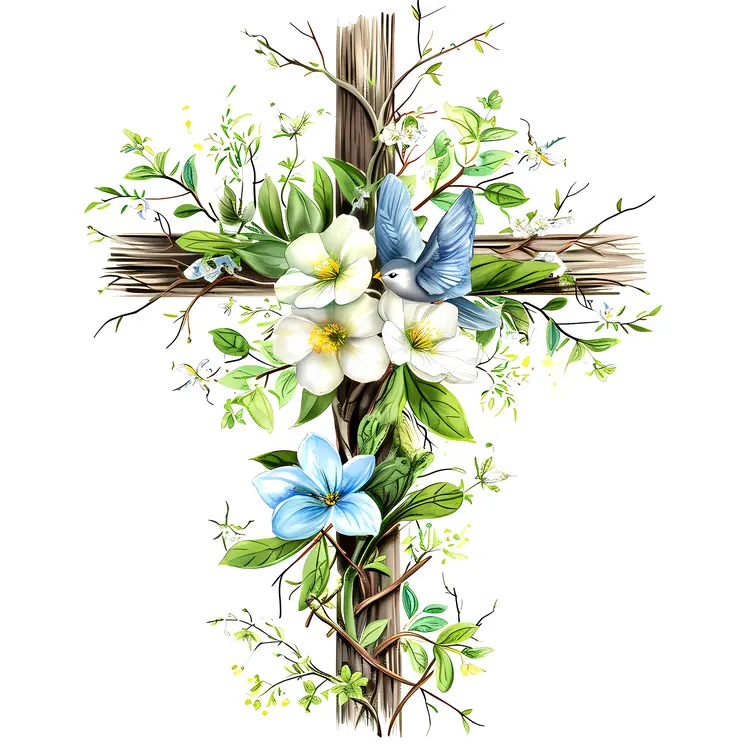 Floral Wooden Cross with Bird