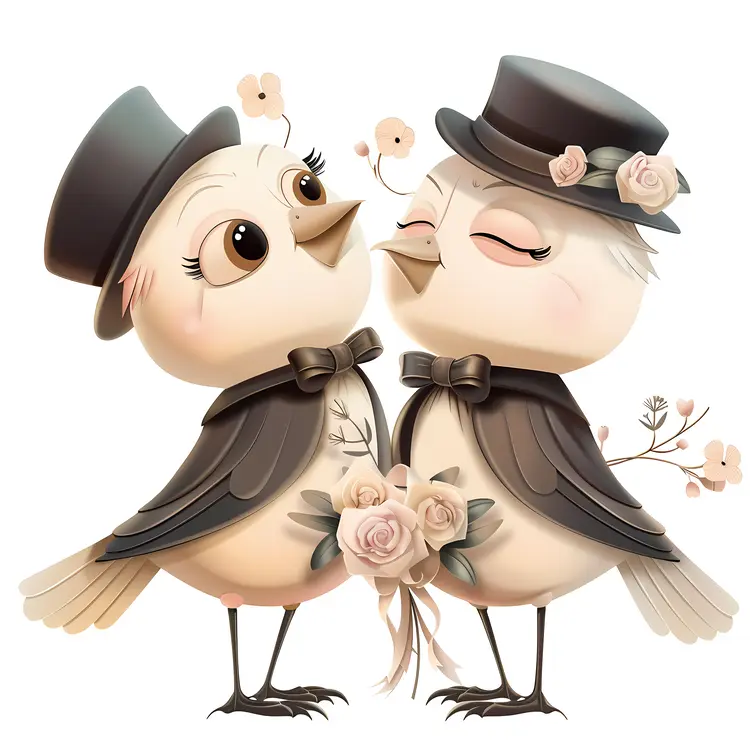 Cute Birds with Hats and Flowers