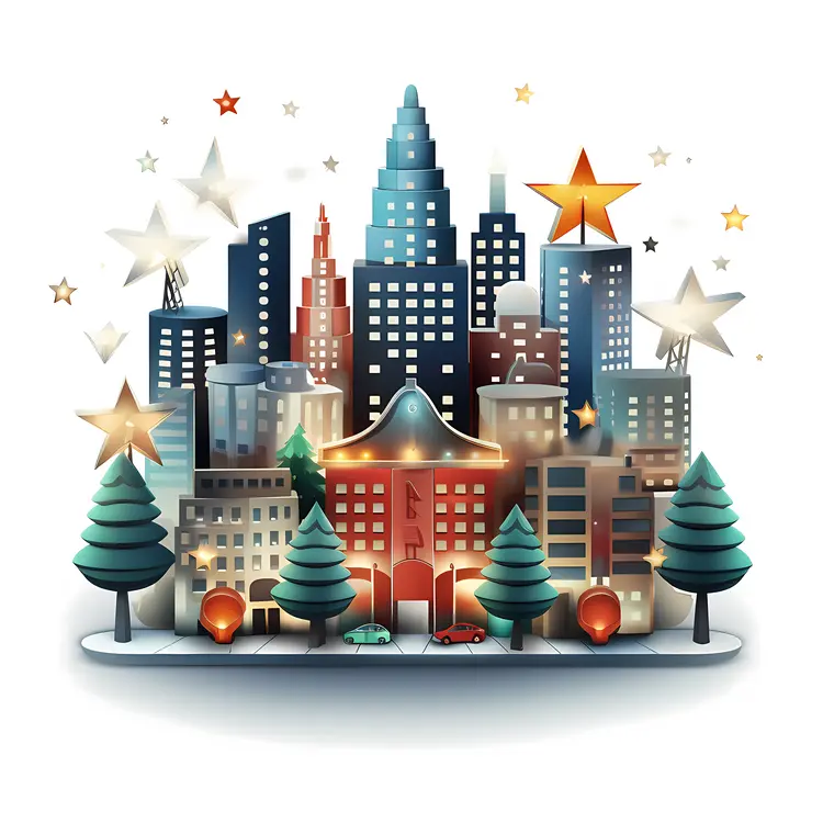 Cityscape with Christmas Trees and Stars