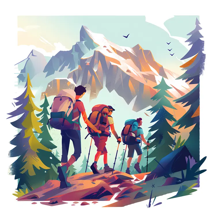 Group of Hikers in Mountain Landscape