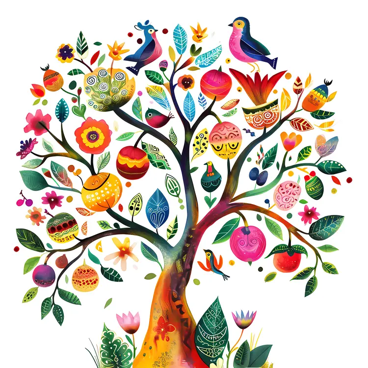 Colorful Tree with Birds and Flowers
