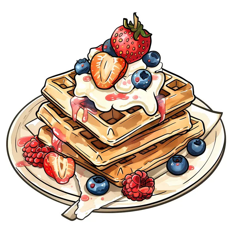 Waffles Topped with Fresh Berries and Cream