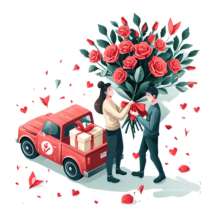 Red Truck with Gifts and Roses for Valentine's Day