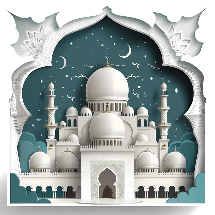White Mosque with Crescent Moon and Stars in Paper Art Style