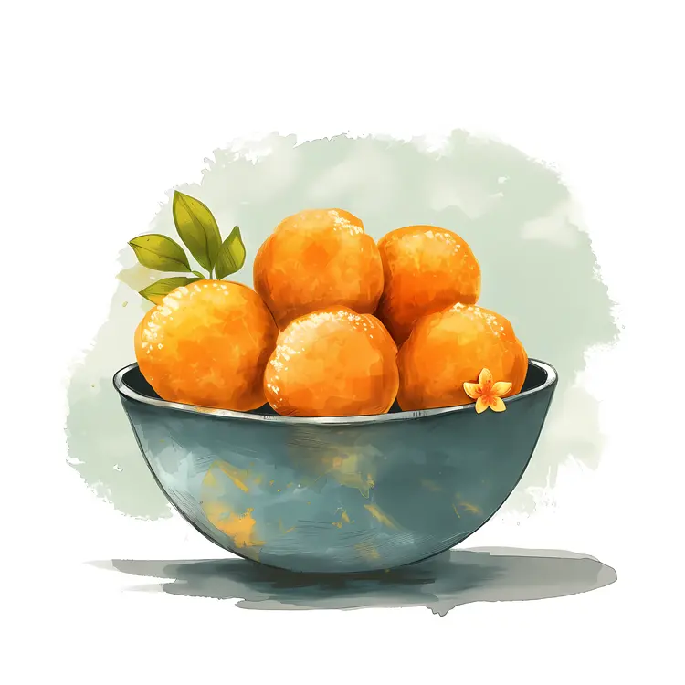 Orange Balls in a Bowl with Green Leaves
