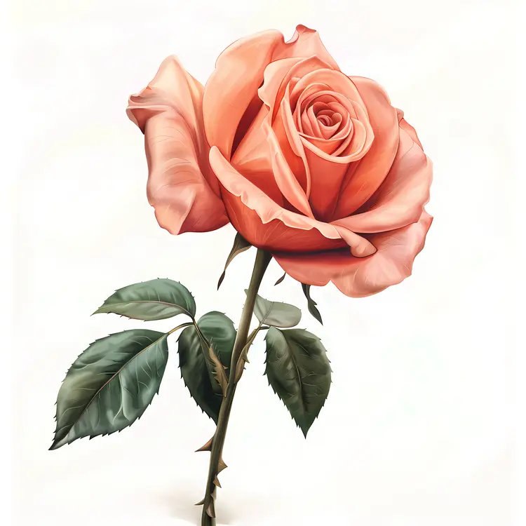 Peach Rose with Stem and Leaves