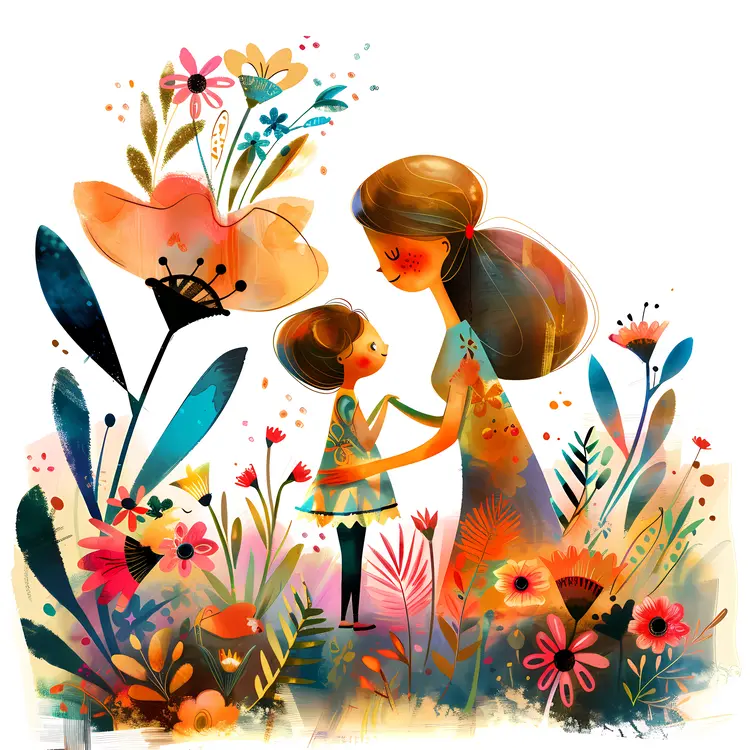 Mother and Daughter in a Colorful Flower Garden