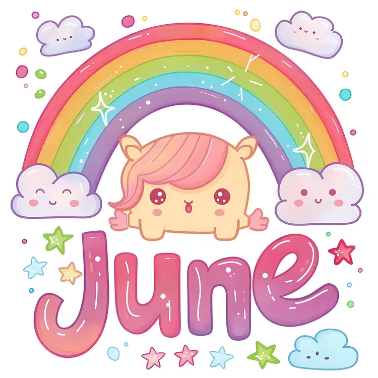 June Word Art with Rainbow and Cute Elements