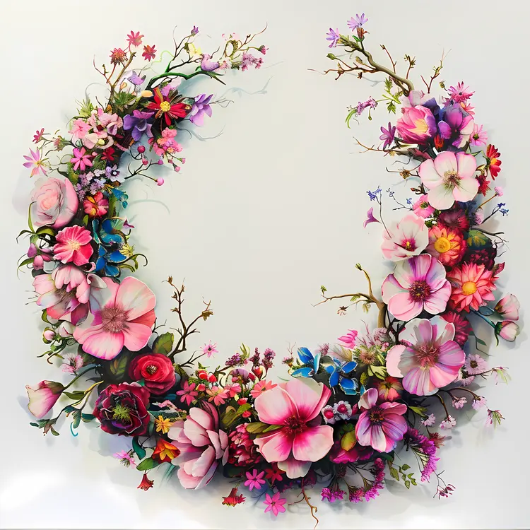 Whimsical Floral Wreath with Pink and Blue Flowers
