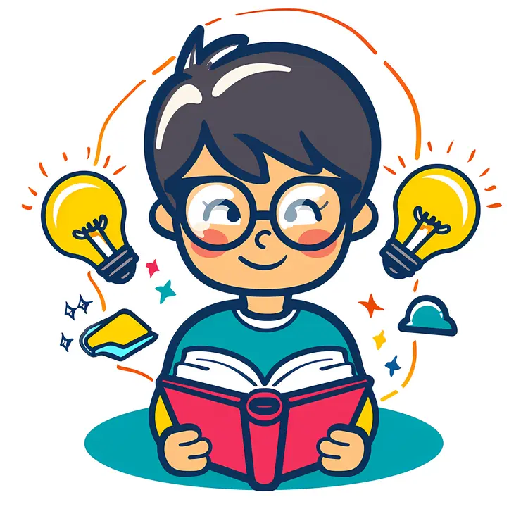 Boy Reading Book with Light Bulbs and Ideas