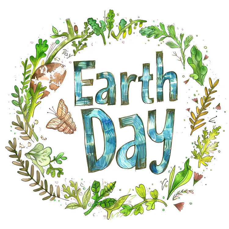Earth Day Text with Leaves and Butterfly