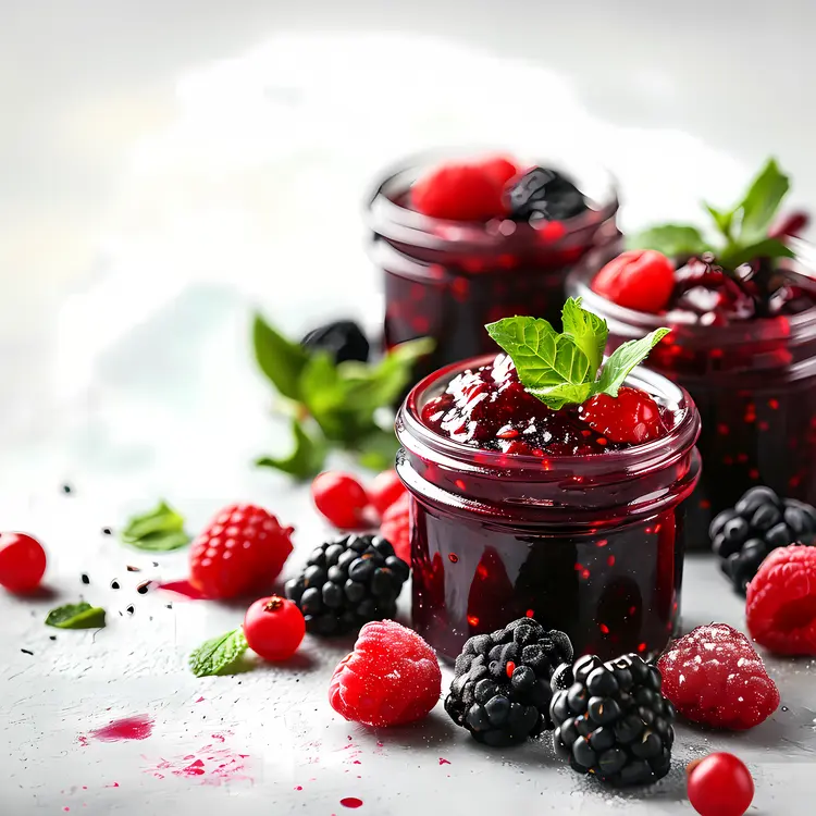Assorted Berry Jam in Jars with Fresh Berries