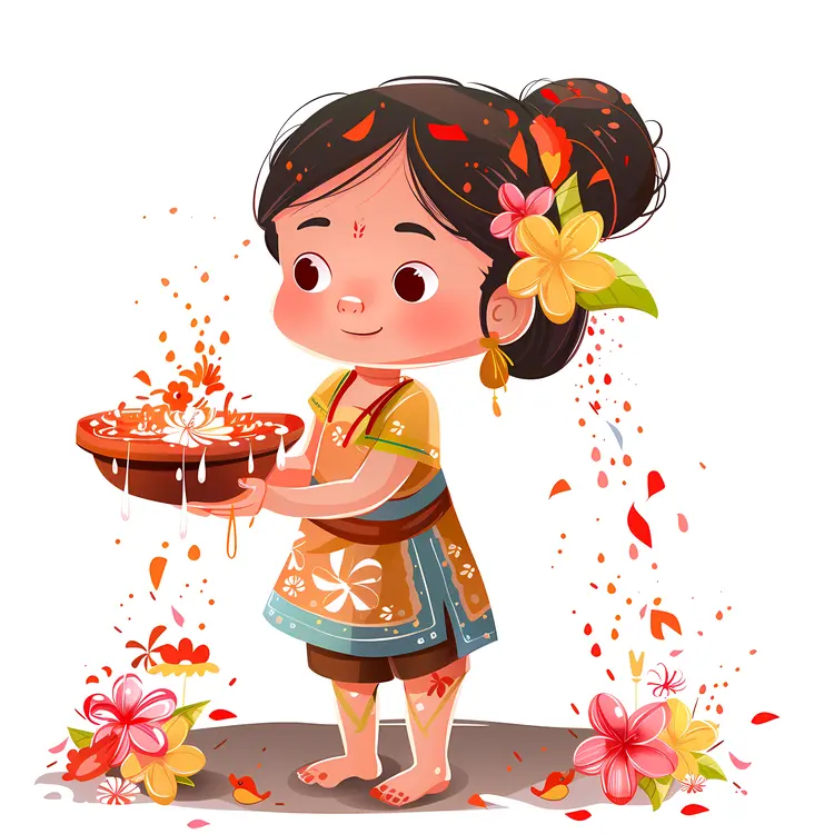 Cute Girl with Flowers in Traditional Dress