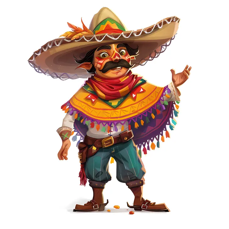 Mexican Character with Sombrero and Colorful Poncho
